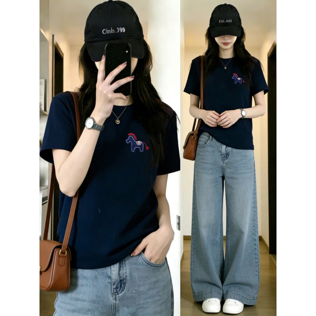 Áo thun nữ màu xanh đậm in hình ngựa mặc Tết JULY FASHION, Áo cotton basic in hình chất thun dày dặn, thấm mồ hôi