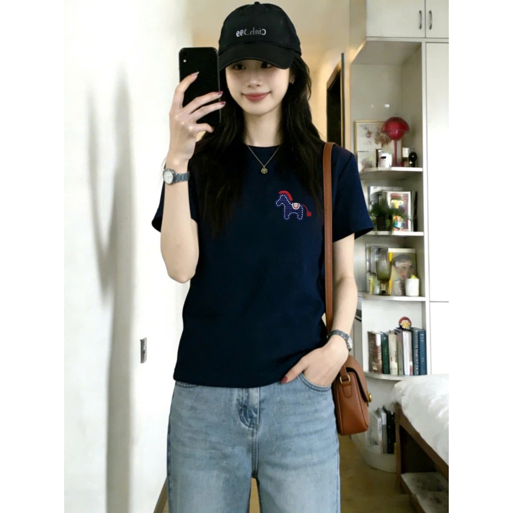 Áo thun nữ màu xanh đậm in hình ngựa mặc Tết JULY FASHION, Áo cotton basic in hình chất thun dày dặn, thấm mồ hôi