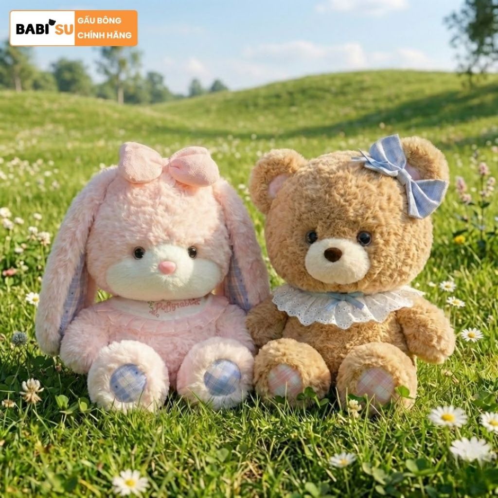 Gấu Bông Thỏ Hồng Và Gấu Nâu Lông Xù Mắt Sao Đeo Yếm Đáng Yêu Quà Tặng Bạn Gái, Trẻ Em Dịp Sinh Nhật,Ngày Lễ