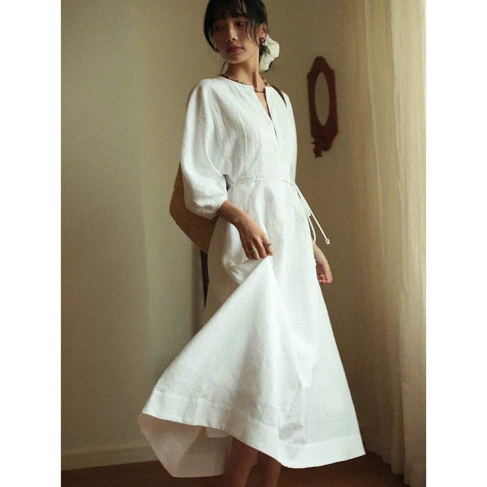 𝗛𝗲𝗹𝗲𝗻 𝟮- Đầm Linen Tưng Ướt 2 lớp chiết eo tay phồng cổ V+DÂY nơ