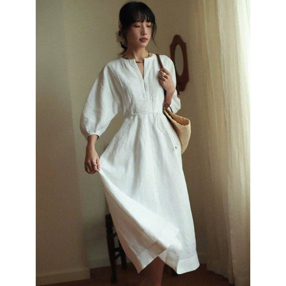 𝗛𝗲𝗹𝗲𝗻 𝟮- Đầm Linen Tưng Ướt 2 lớp chiết eo tay phồng cổ V+DÂY nơ
