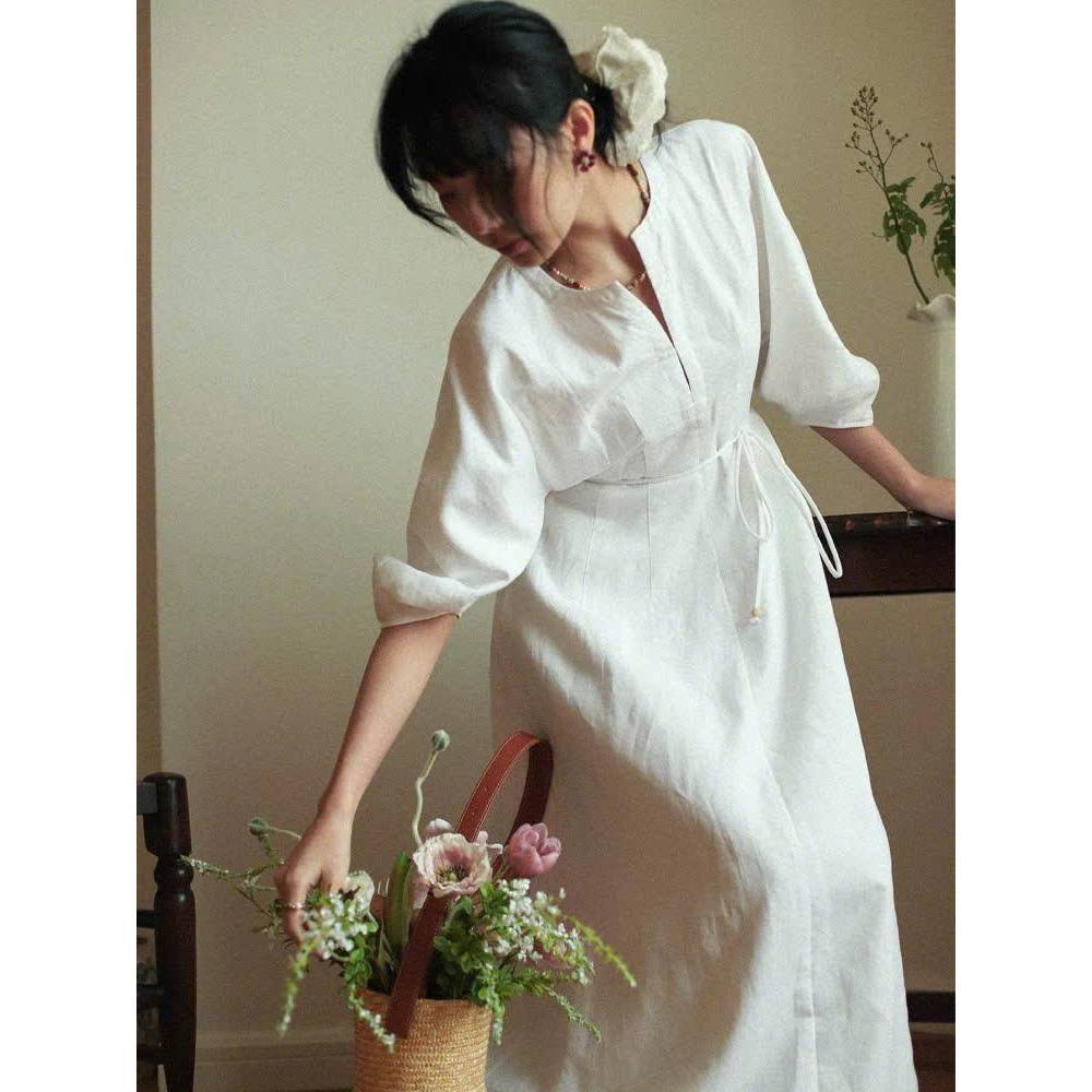 𝗛𝗲𝗹𝗲𝗻 𝟮- Đầm Linen Tưng Ướt 2 lớp chiết eo tay phồng cổ V+DÂY nơ