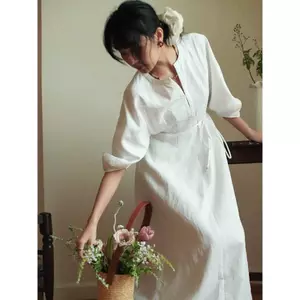 𝗛𝗲𝗹𝗲𝗻 𝟮- Đầm Linen Tưng Ướt 2 lớp chiết eo tay phồng cổ V+DÂY nơ