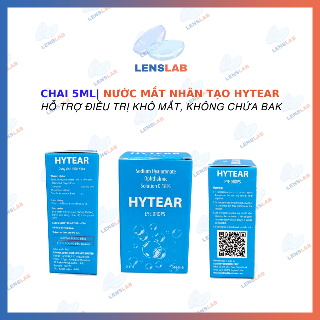 Nước Mắt Nhân Tạo HYTEAR - Chai 5ML- Hỗ trợ điều trị khô mắt, không chứa BAK