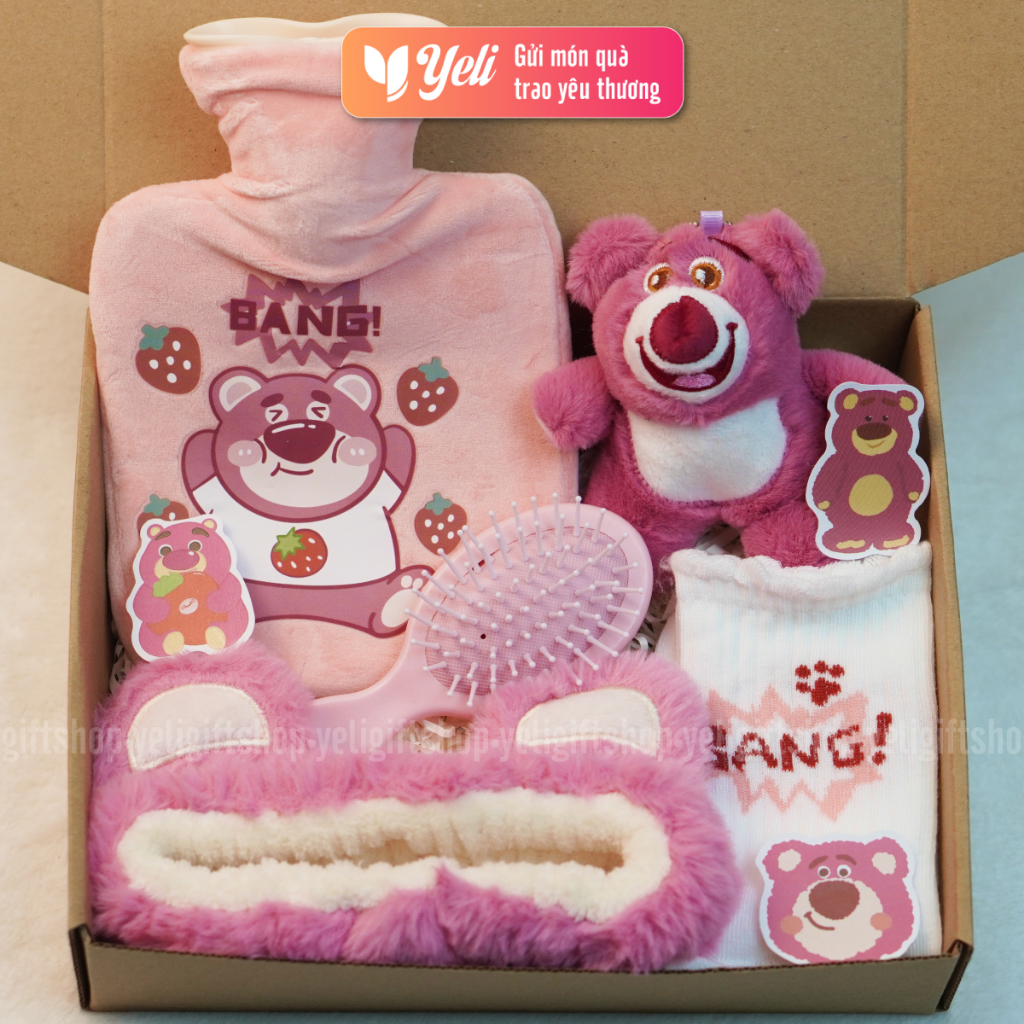 Set quà túi chườm Lotso gấu dâu tặng bạn gái, người yêu, set quà túi chườm ấm bụng gấu dâu xinh xắn, combo quà tặng