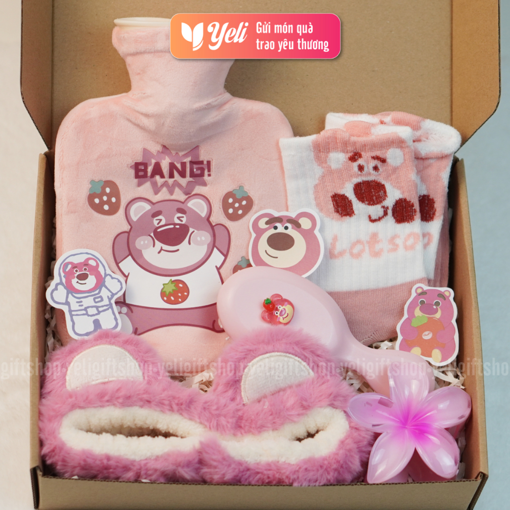 Set quà túi chườm Lotso gấu dâu tặng bạn gái, người yêu, set quà túi chườm ấm bụng gấu dâu xinh xắn, combo quà tặng