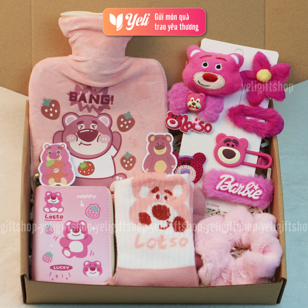 Set quà túi chườm Lotso gấu dâu tặng bạn gái, người yêu, set quà túi chườm ấm bụng gấu dâu xinh xắn, combo quà tặng