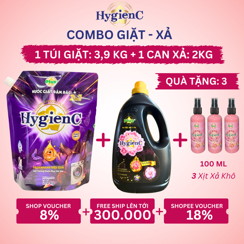 [MỚI] Bộ Đôi Giặt - Xả HygienC Plus: 1 Túi Nước Giặt (3,9kg) + 1 Can Nước Xả Vải (2,0kg)