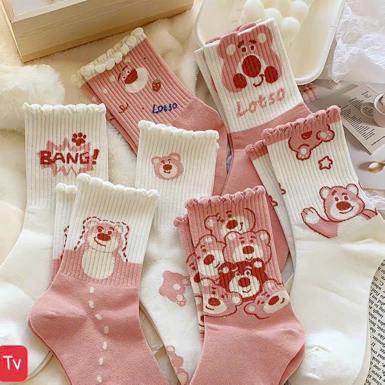 Set 10 Đôi Tất Gấu Hồng Dễ Thương – Vớ Nữ Cổ Cao Họa Tiết Hoạt Hình, Cotton Mềm Mịn, Thoáng Khí