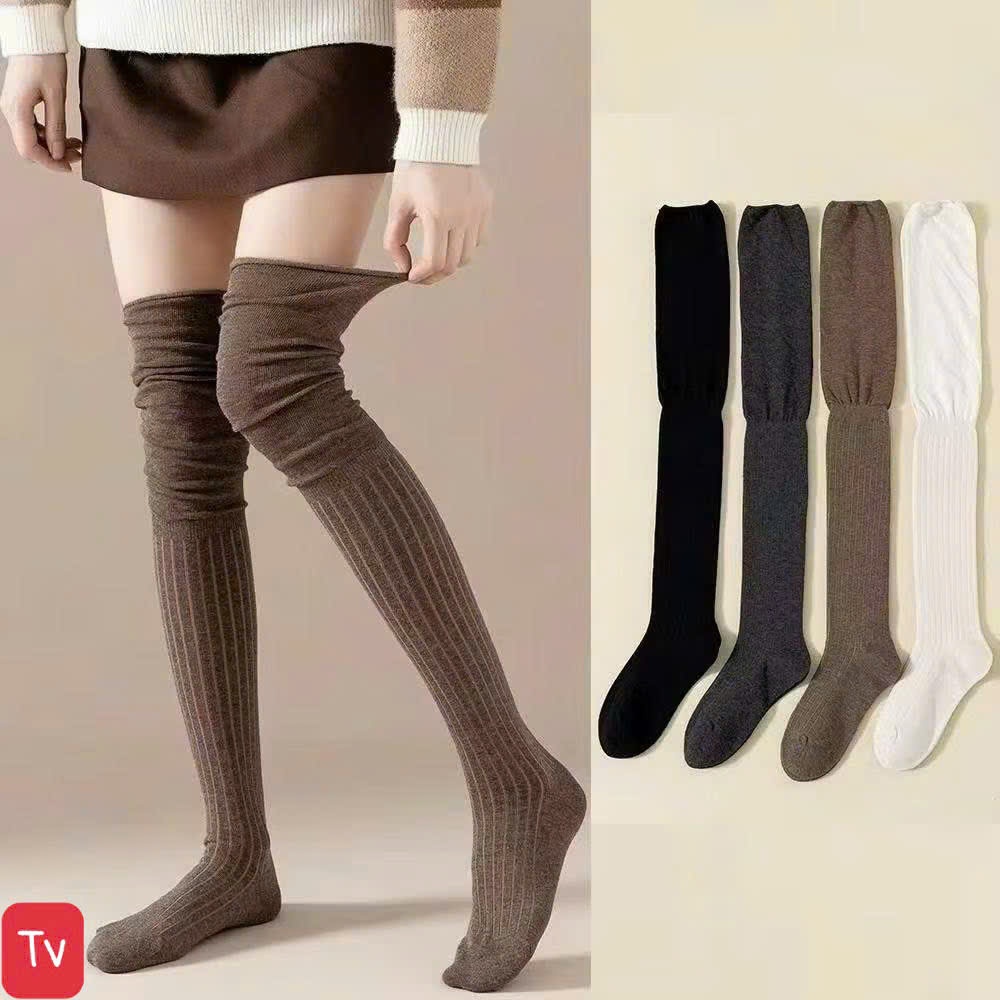 Tất Dài Qua Gối Nữ Gân Sọc Co Giãn – Vớ Cao Đùi Thời Trang Hàn Quốc, Giữ Ấm Mềm Mịn, Nhiều Màu Basic