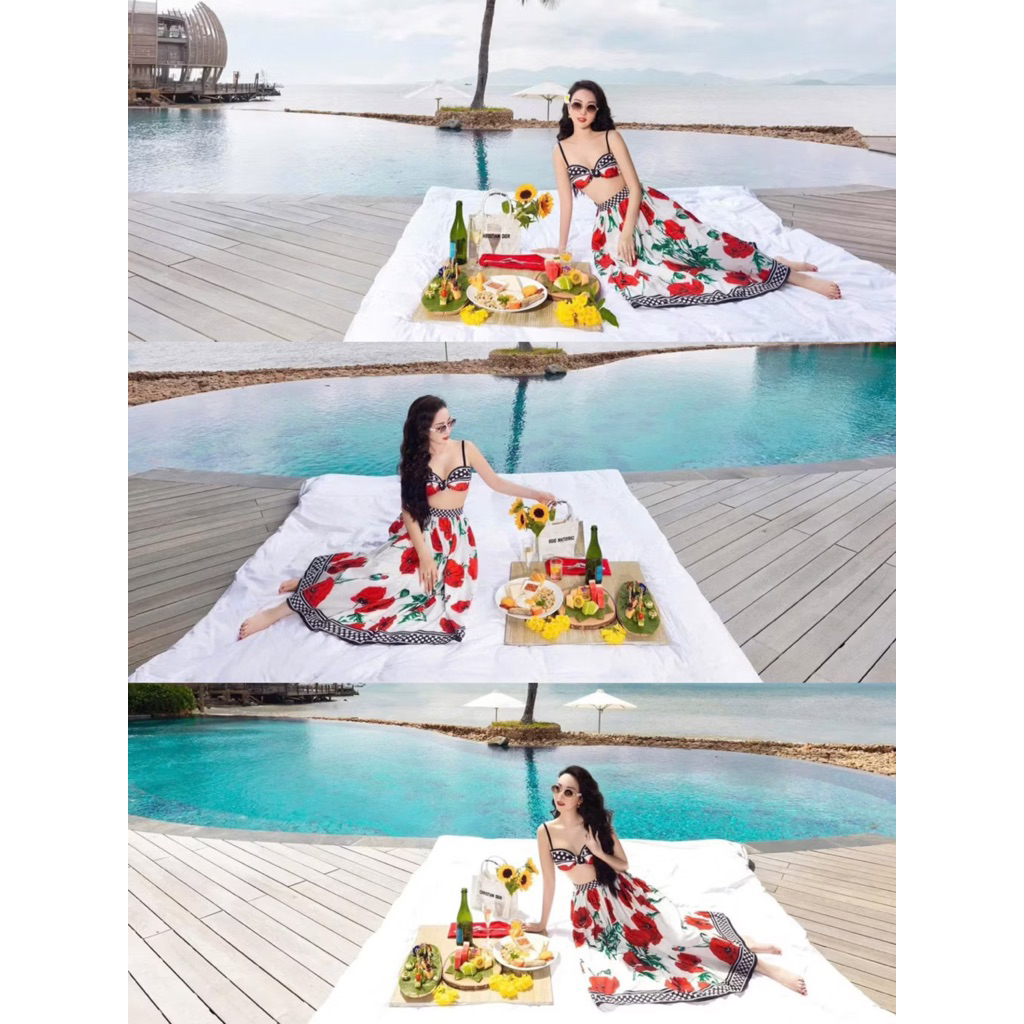 set áo trễ vai và váy dài hoa đỏ xinh 🌺