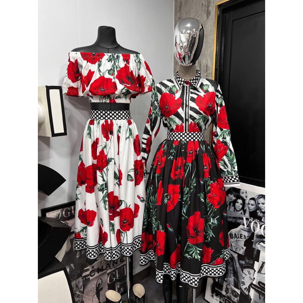 set áo trễ vai và váy dài hoa đỏ xinh 🌺