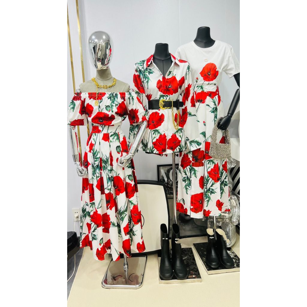 set áo trễ vai và váy dài hoa đỏ xinh 🌺