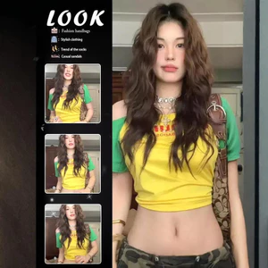 Áo Thun Croptop Lệch Vai Phối Màu Năng Động & Cá Tính, Streetwear Form Ôm Nhẹ Tôn Dáng