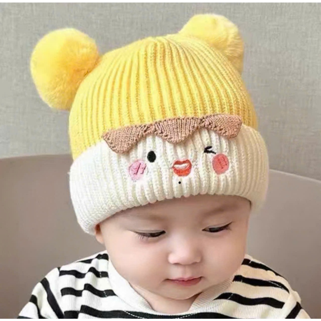 Mũ Len Cho Bé Sơ Sinh Tai Gấu Thêu Mặt Cười – Mũ Len Dày Ấm, Mềm Mịn, Siêu Đáng Yêu