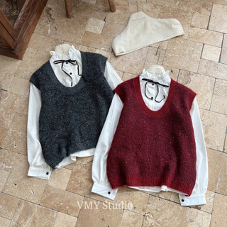 VMY Studio - Set áo sơ mi cổ bèo phối nơ mix gile len nhũ cổ V xinh xắn QC, set đồ nữ sang chảnh phong cách Hàn Quốc