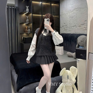 VMY Studio - Set áo sơ mi cổ bèo phối nơ mix gile len nhũ cổ V xinh xắn QC, set đồ nữ sang chảnh phong cách Hàn Quốc