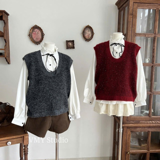 VMY Studio - Set áo sơ mi cổ bèo phối nơ mix gile len nhũ cổ V xinh xắn QC, set đồ nữ sang chảnh phong cách Hàn Quốc