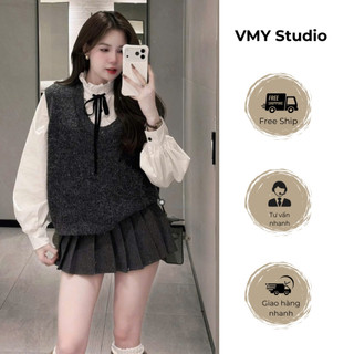 VMY Studio - Set áo sơ mi cổ bèo phối nơ mix gile len nhũ cổ V xinh xắn QC, set đồ nữ sang chảnh phong cách Hàn Quốc