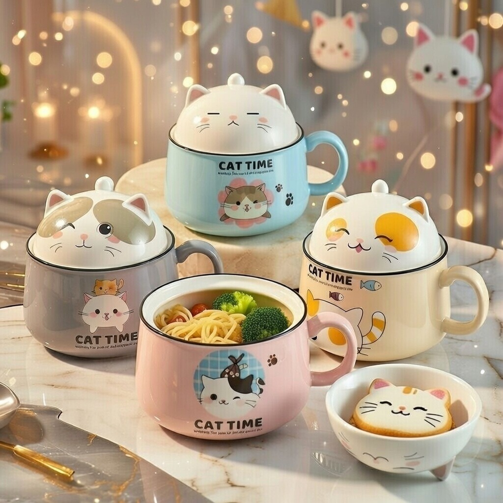 Tô Sứ Ăn Mì Hình Mèo Cute 1020ml Có Nắp Và Tay Cầm - Bát Mèo Cat Time Dễ Thương Phong Cách Nhật Decor Bếp Quà Tặng