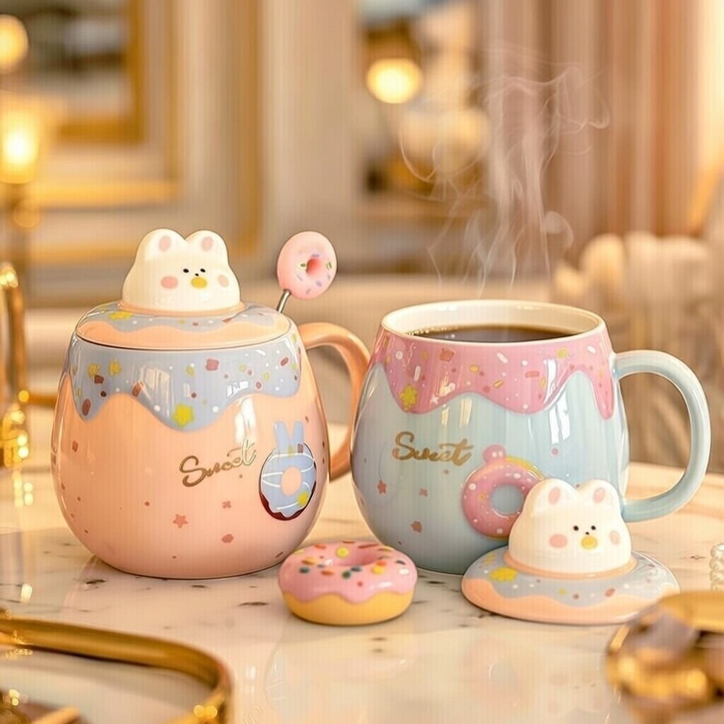 Cốc Sứ Thỏ Donut Cute 400ml Có Nắp 3D Và Thìa Khuấy - Ly Hoạt Hình Dễ Thương Quà Tặng Trẻ Em Bạn Gái Văn Phòng