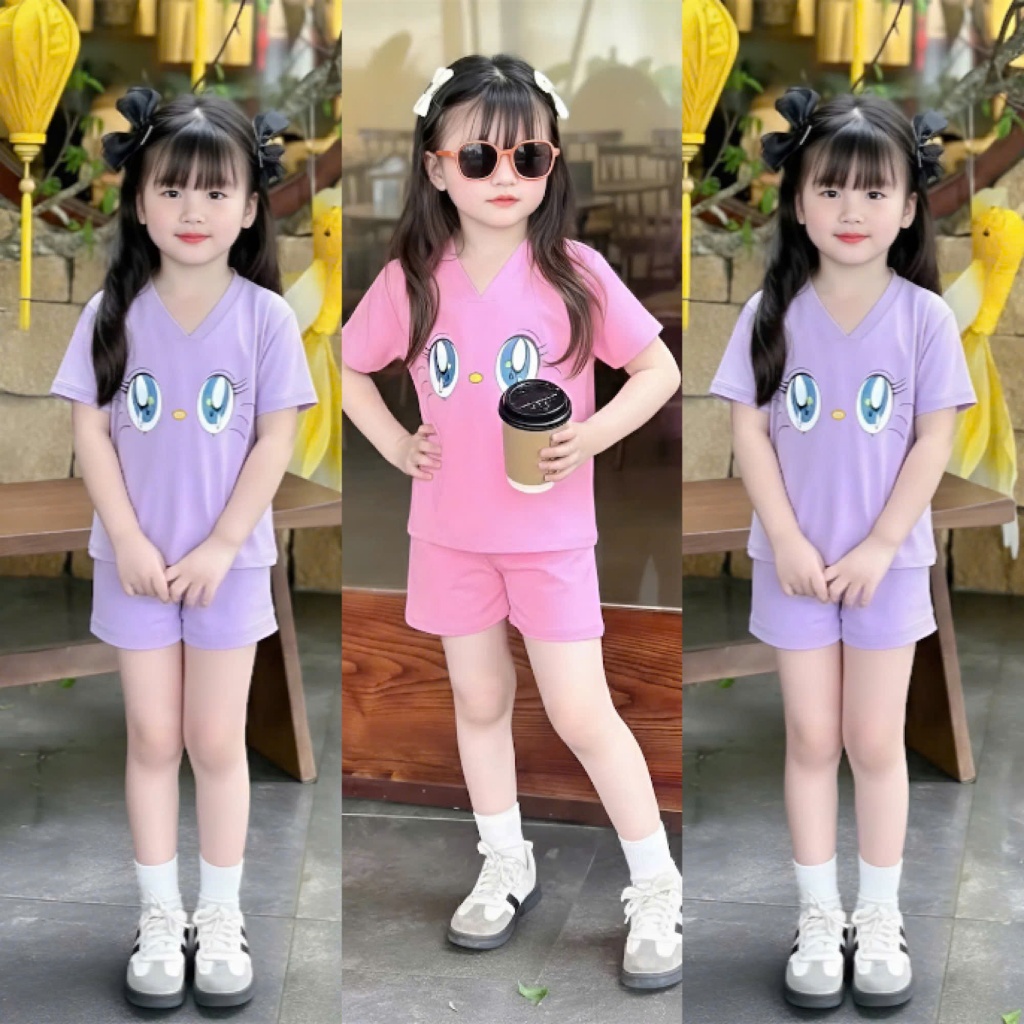 14-45kg.Sét đồ bộ cộc tay cho bé gái in hình đôi mắt chất vải cotton mềm mịn co giãn thoải mái.M62