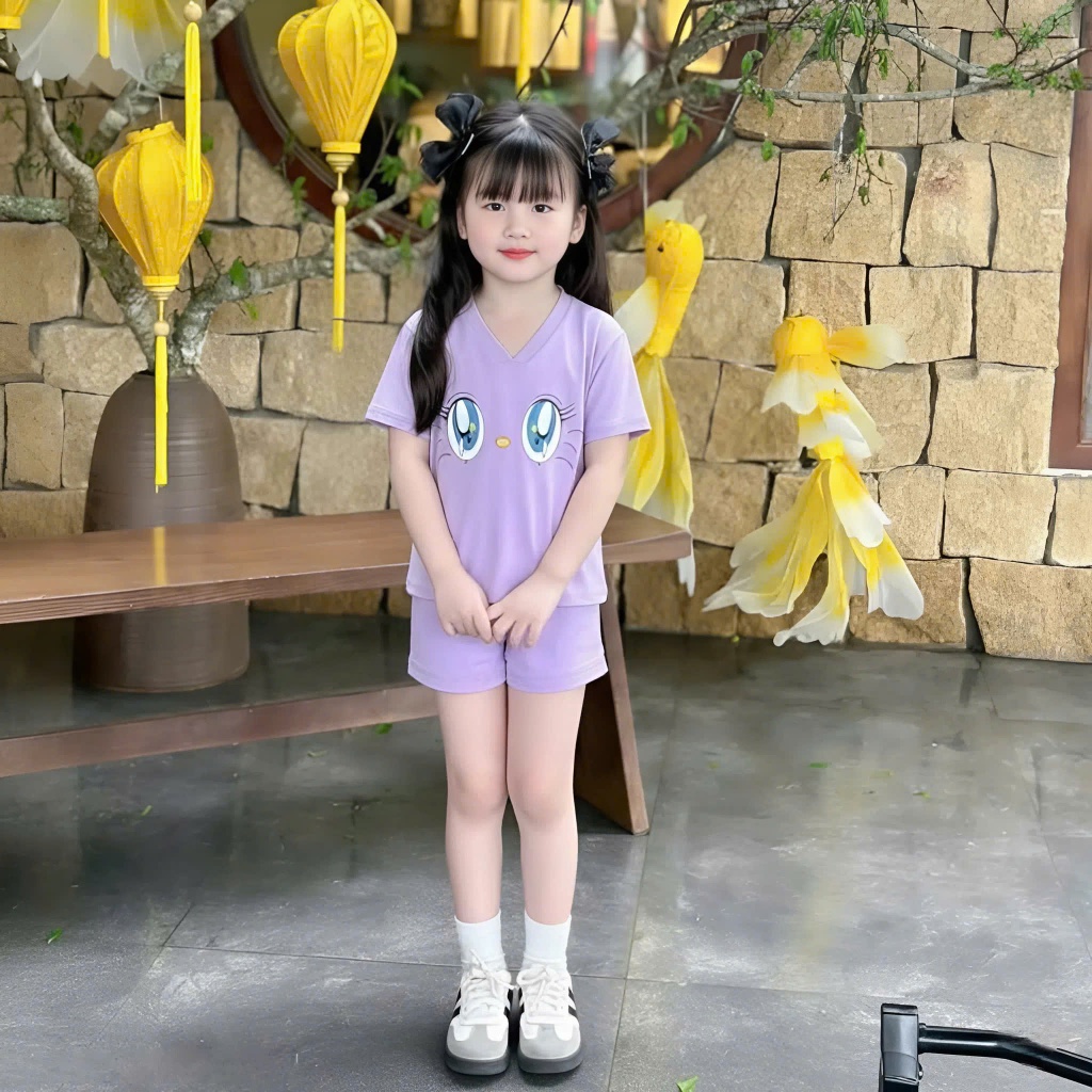 14-45kg.Sét đồ bộ cộc tay cho bé gái in hình đôi mắt chất vải cotton mềm mịn co giãn thoải mái.M62
