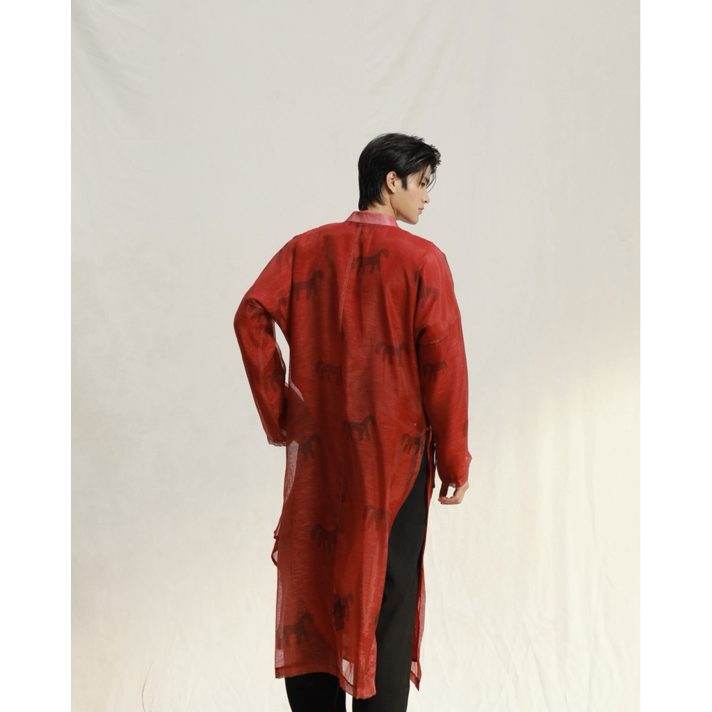 Áo dài nam Khúc Xuân - Hồng Ngũ Mã | Set 2 áo tách rời | Tua rua trước ngực