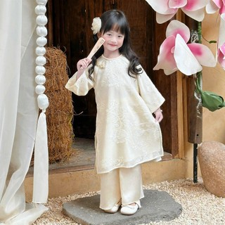 [8-26kg] Áo Dài Tết  Tơ Thêu Cao Cấp 4 Tà Sang Cho Bé Gái ( Áo + Quần) - Màu Vàng Kem