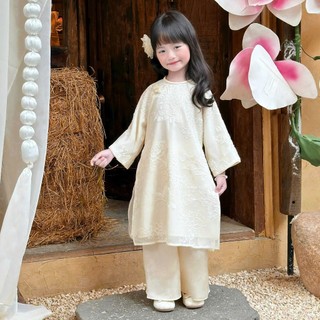 [8-26kg] Áo Dài Tết  Tơ Thêu Cao Cấp 4 Tà Sang Cho Bé Gái ( Áo + Quần) - Màu Vàng Kem