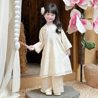 [8-26kg] Áo Dài Tết  Tơ Thêu Cao Cấp 4 Tà Sang Cho Bé Gái ( Áo + Quần) - Màu Vàng Kem