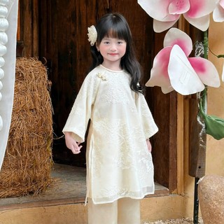 [8-26kg] Áo Dài Tết  Tơ Thêu Cao Cấp 4 Tà Sang Cho Bé Gái ( Áo + Quần) - Màu Vàng Kem