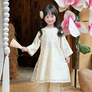[8-26kg] Áo Dài Tết  Tơ Thêu Cao Cấp 4 Tà Sang Cho Bé Gái ( Áo + Quần) - Màu Vàng Kem