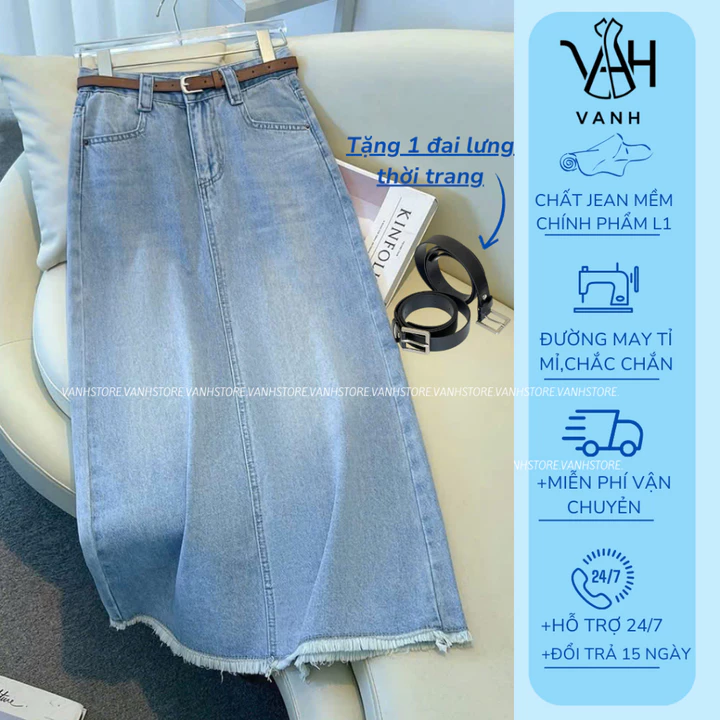 Chân Váy Jean Dáng Dài Tua Gấu , Chân Váy Bò Lưng Cao Vải Jean Mềm Tua Gấu M019