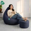 Ghế Lười Hạt Xốp Kèm Đôn Gác Chân 3II HOME Vỏ Bọc Ghế Vải Jean Xanh Navy Cao Cấp Bền Form Decor Đẹp