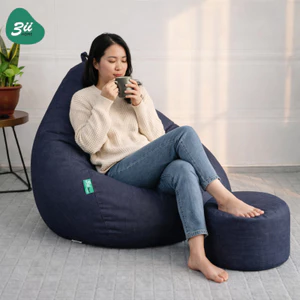 Ghế Lười Hạt Xốp Kèm Đôn Gác Chân 3II HOME Vỏ Bọc Ghế Vải Jean Xanh Navy Cao Cấp Bền Form Decor Đẹp