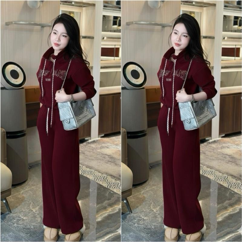 2026. HT [BỘ THÊU BDGJ ] Sét Nỉ len lót lông cổ khoá chữ thêu áo dài tay+ quần suông.