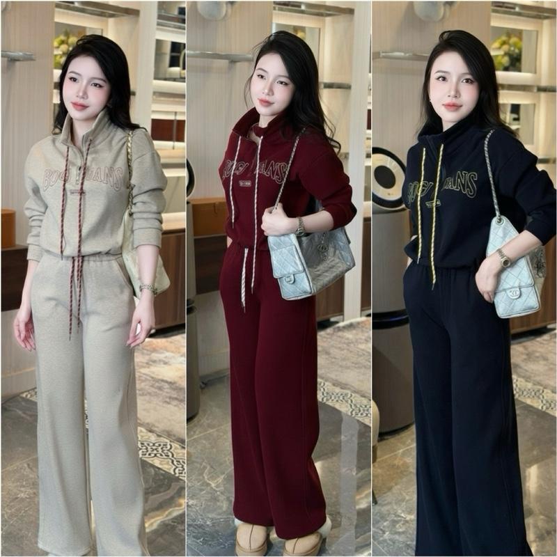 2026. HT [BỘ THÊU BDGJ ] Sét Nỉ len lót lông cổ khoá chữ thêu áo dài tay+ quần suông.