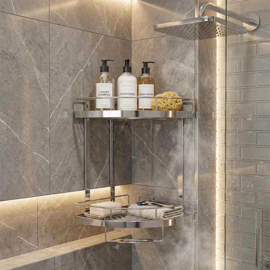 Kệ góc nhà tắm Deli QUI PHÚC, inox 304 cao cấp, không gỉ, 2 tầng, dạng treo, có khay đựng xà phòng