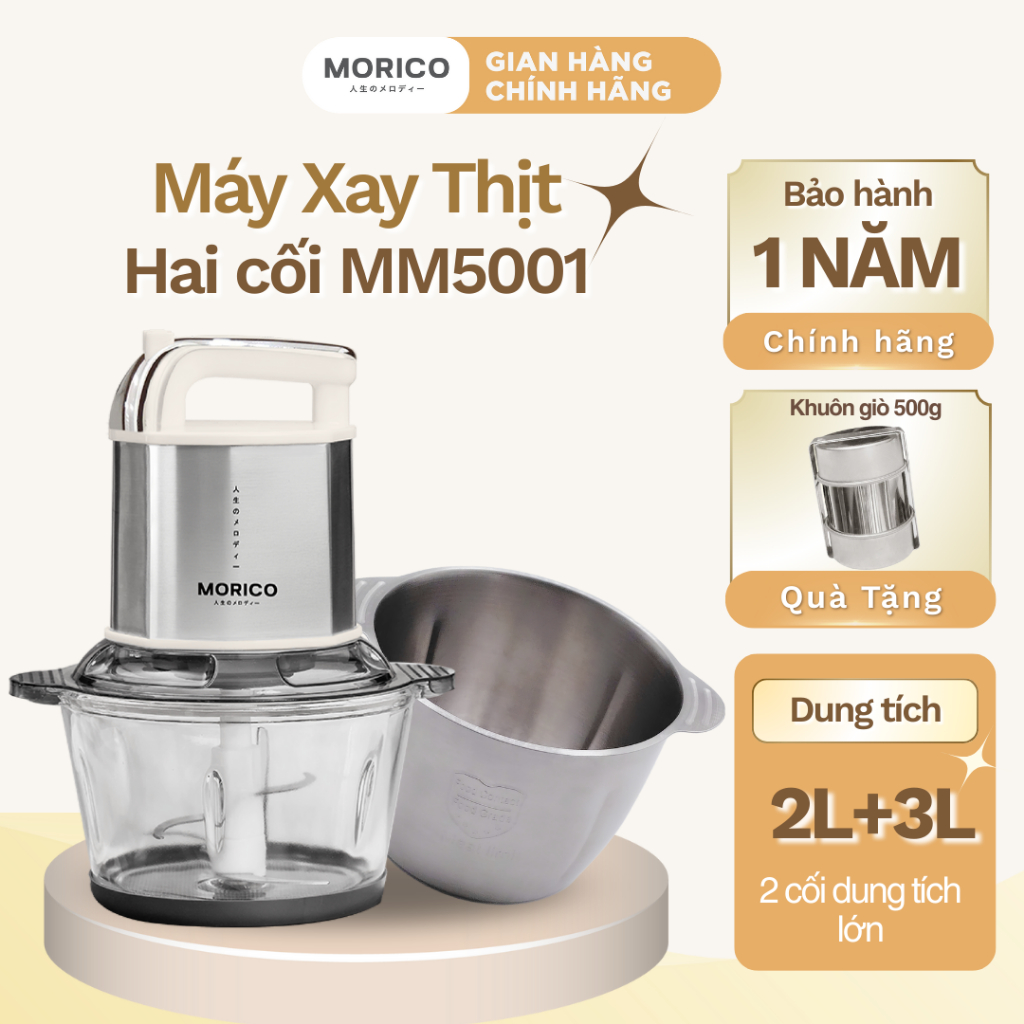 Máy Xay Thịt Đa Năng MORICO MM5001 | 2 Cối 2L & 3L, 2 Bộ Lưỡi Dao Inox, Xay Mịn Nhanh Chóng