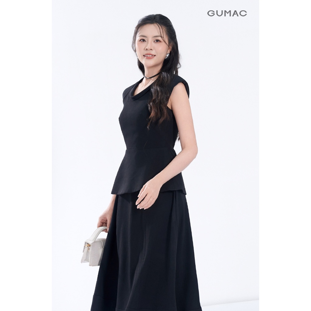 Set lẻ Áo peplum cổ kiểu AF06045 - Chân váy nữ GUMAC A xòe may viền VF06046
