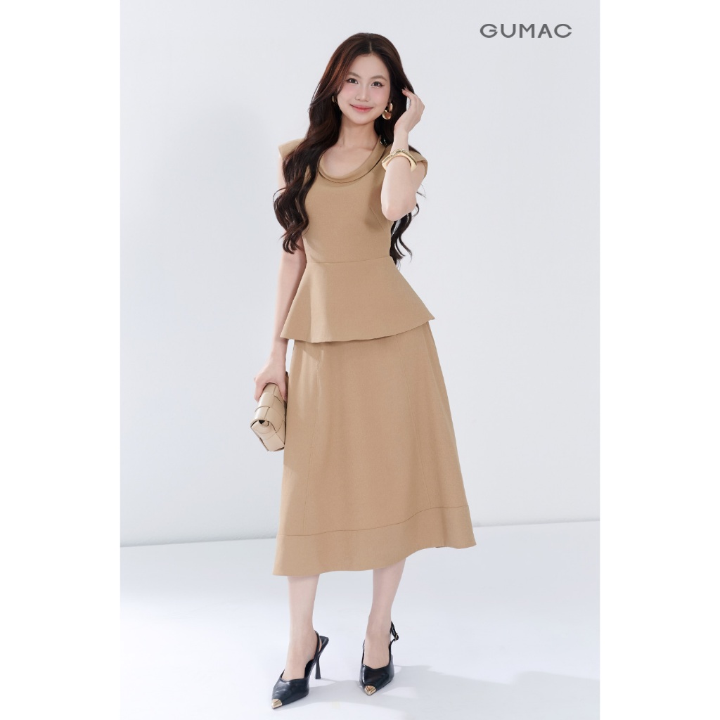Set lẻ Áo peplum cổ kiểu AF06045 - Chân váy nữ GUMAC A xòe may viền VF06046
