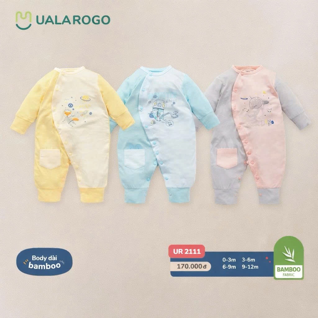 [XẢ] Bodysuit dài tay cho bé Ualarogo từ 0-12 tháng tuổi bộ liền thân vải Bamboo sợi tre co giãn thoáng mát