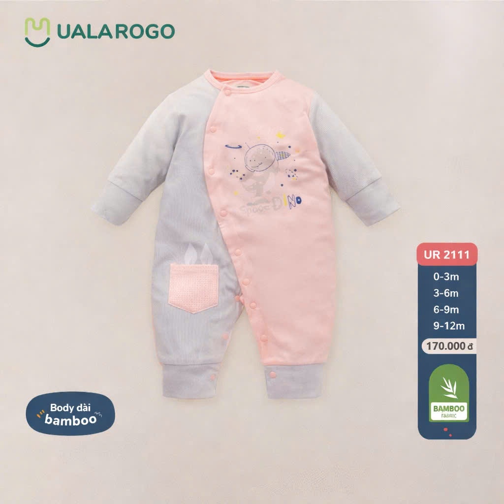 [XẢ] Bodysuit dài tay cho bé Ualarogo từ 0-12 tháng tuổi bộ liền thân vải Bamboo sợi tre co giãn thoáng mát