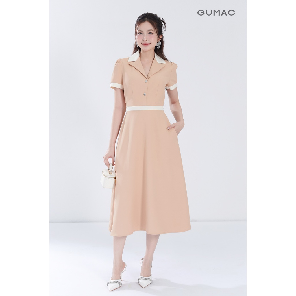 Đầm Nữ GUMAC Form A Cổ Danton Phối Viền Trắng Thanh Lịch Chất Cotton Xẹc Mềm Mát DF06012