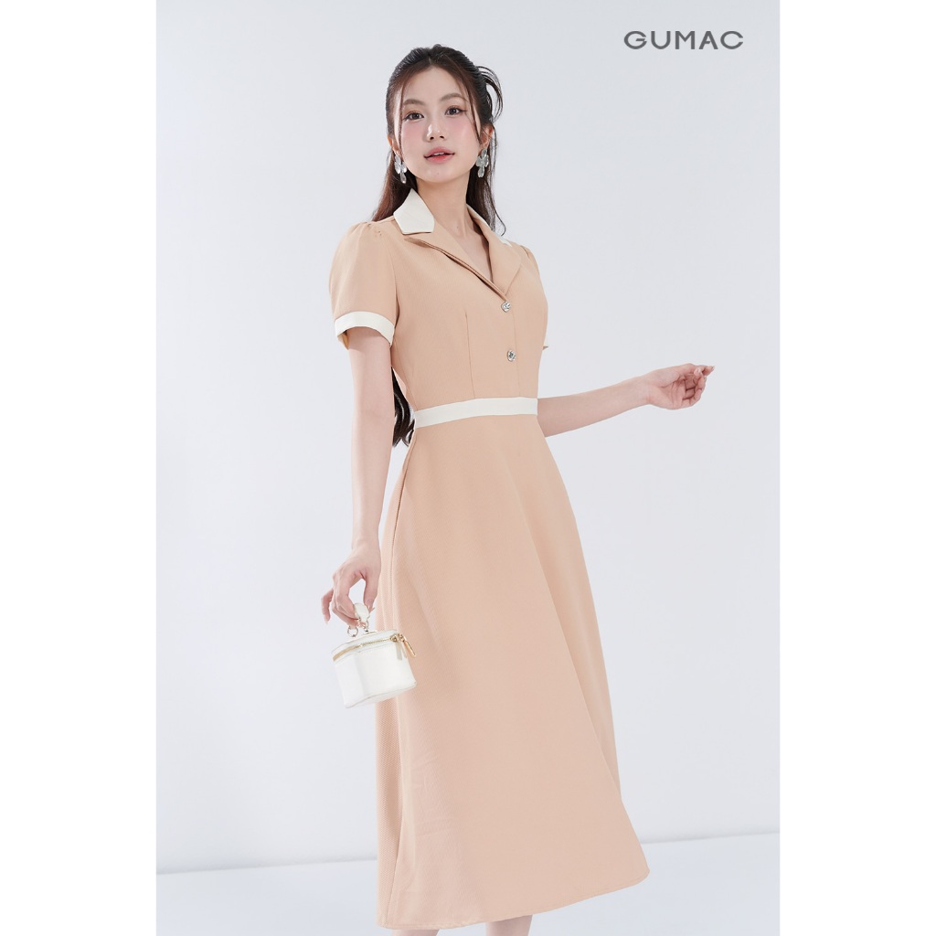 Đầm Nữ GUMAC Form A Cổ Danton Phối Viền Trắng Thanh Lịch Chất Cotton Xẹc Mềm Mát DF06012