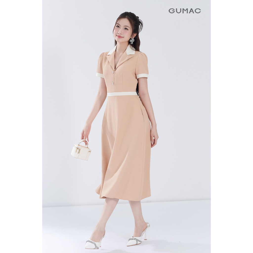 Đầm Nữ Dáng A Xòe GUMAC Cổ Danton Phối Viền Trắng Cách Điệu Chất Cotton Xẹc Mềm Mát DF06012