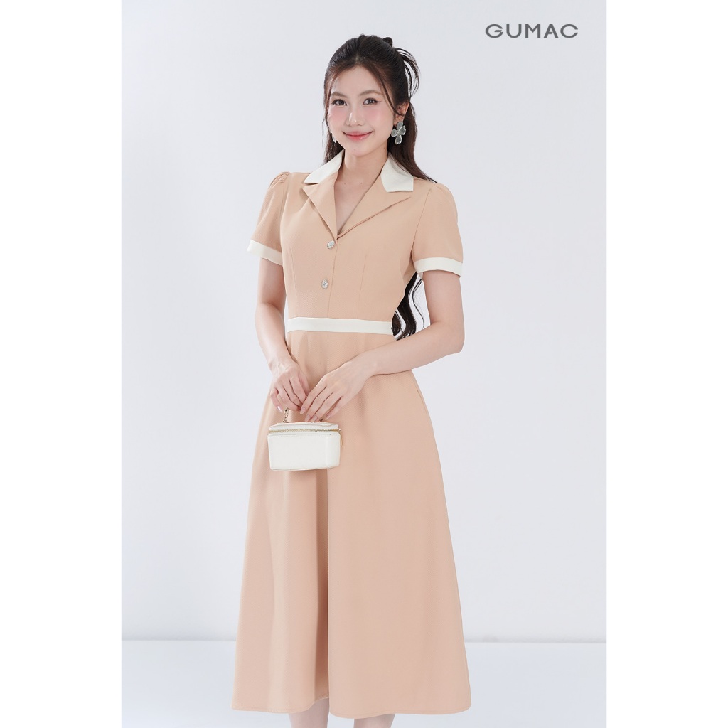 Đầm Nữ GUMAC Form A Cổ Danton Phối Viền Trắng Thanh Lịch Chất Cotton Xẹc Mềm Mát DF06012