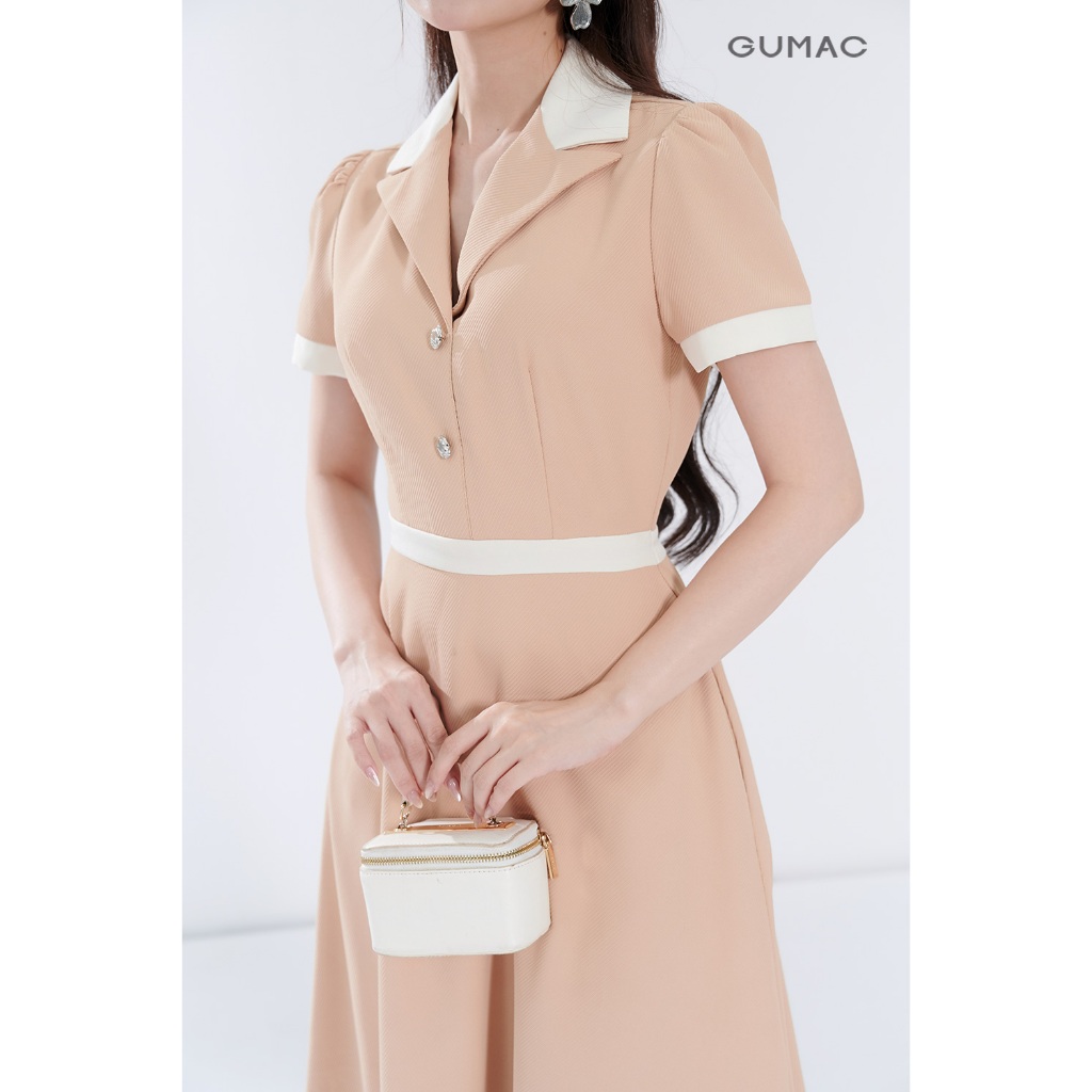 Đầm Nữ Dáng A Xòe GUMAC Cổ Danton Phối Viền Trắng Cách Điệu Chất Cotton Xẹc Mềm Mát DF06012