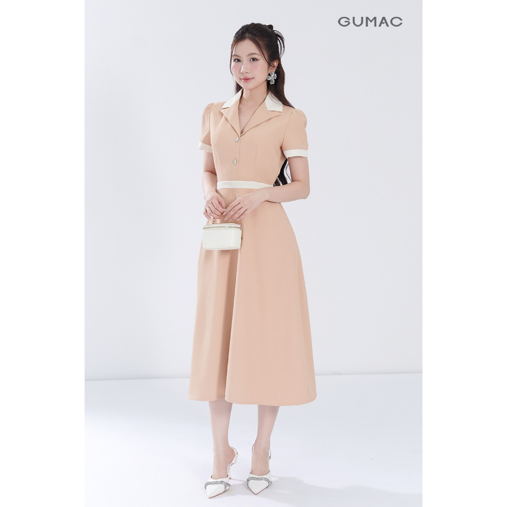 Đầm Nữ GUMAC Form A Cổ Danton Phối Viền Trắng Thanh Lịch Chất Cotton Xẹc Mềm Mát DF06012